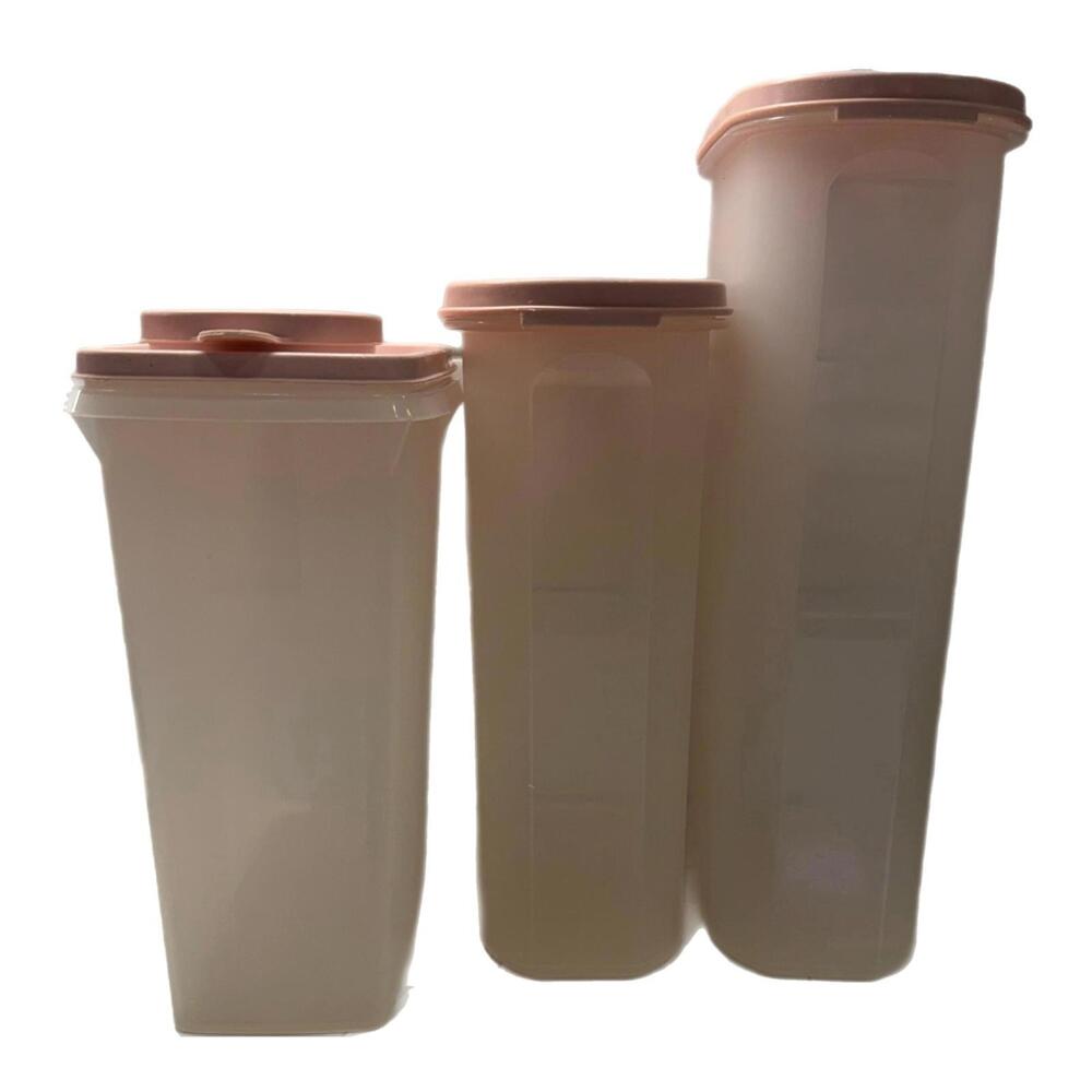 Set of 3 Vintage Tupperware Pink Lid Sheer Cereal Keeper Modular Mate Containers